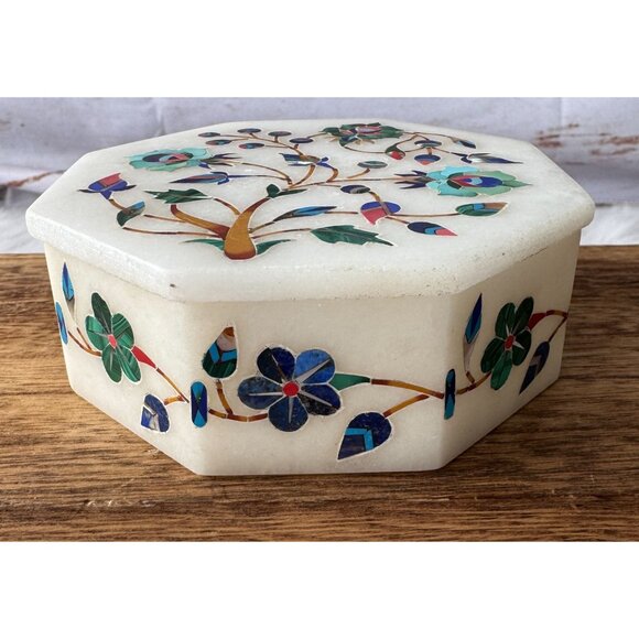 Marquetry Malachite Lapis Floral Hakik Marble Jewelry Box with Handmade Inlay - Picture 2 of 10